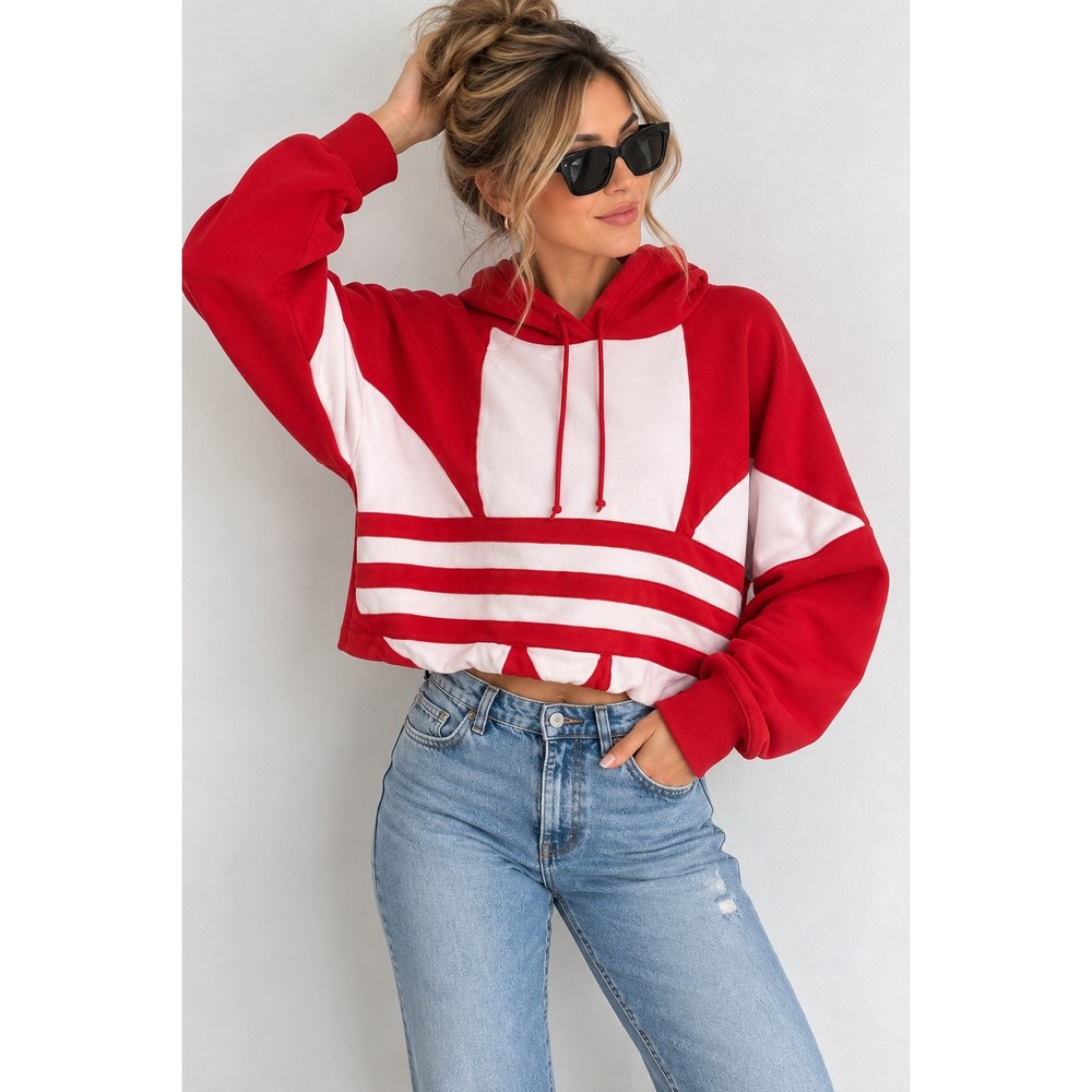 Adidas Originals FS1313 Women L Red White Colorblock Pullover Hoodie Streetwear
